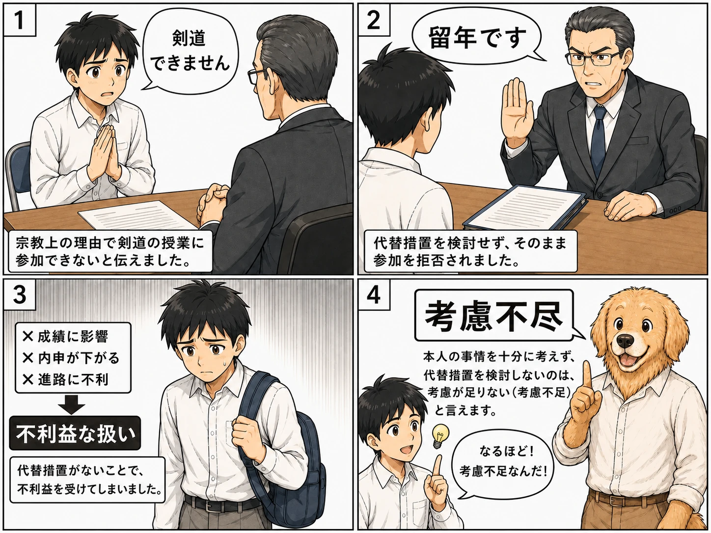 剣道実技拒否事件を説明する4コマ漫画