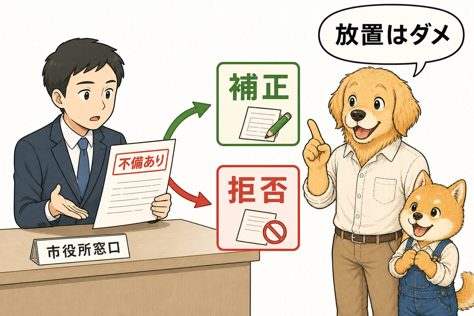 不備ある申請への対応を説明する一コマ漫画