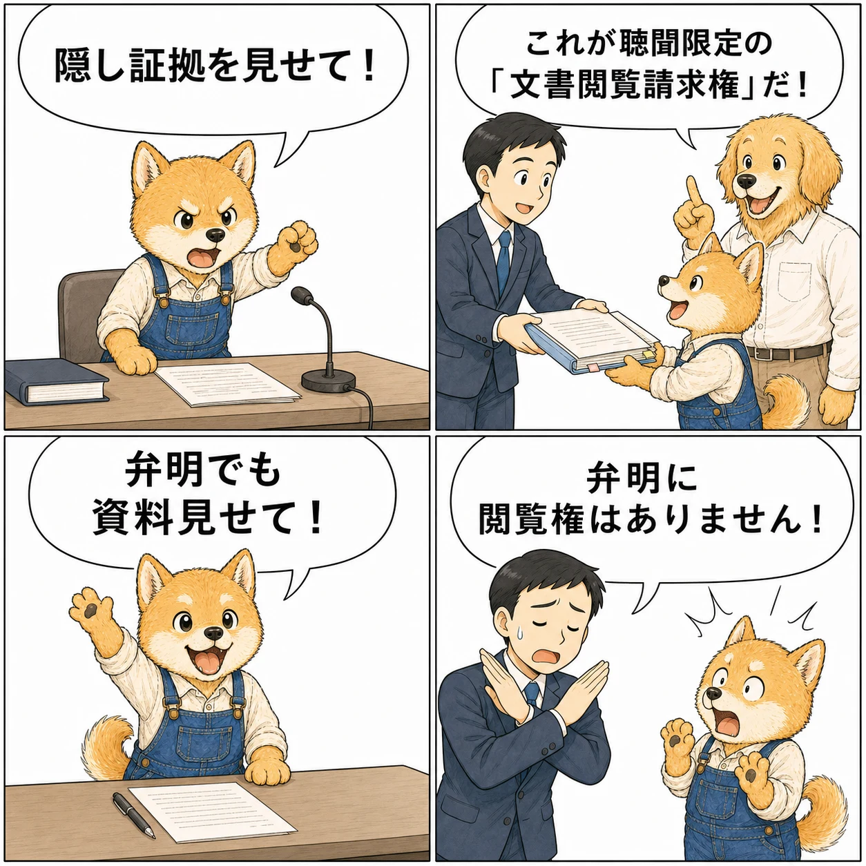 聴聞と弁明における文書閲覧請求権の違いを説明する4コマ漫画