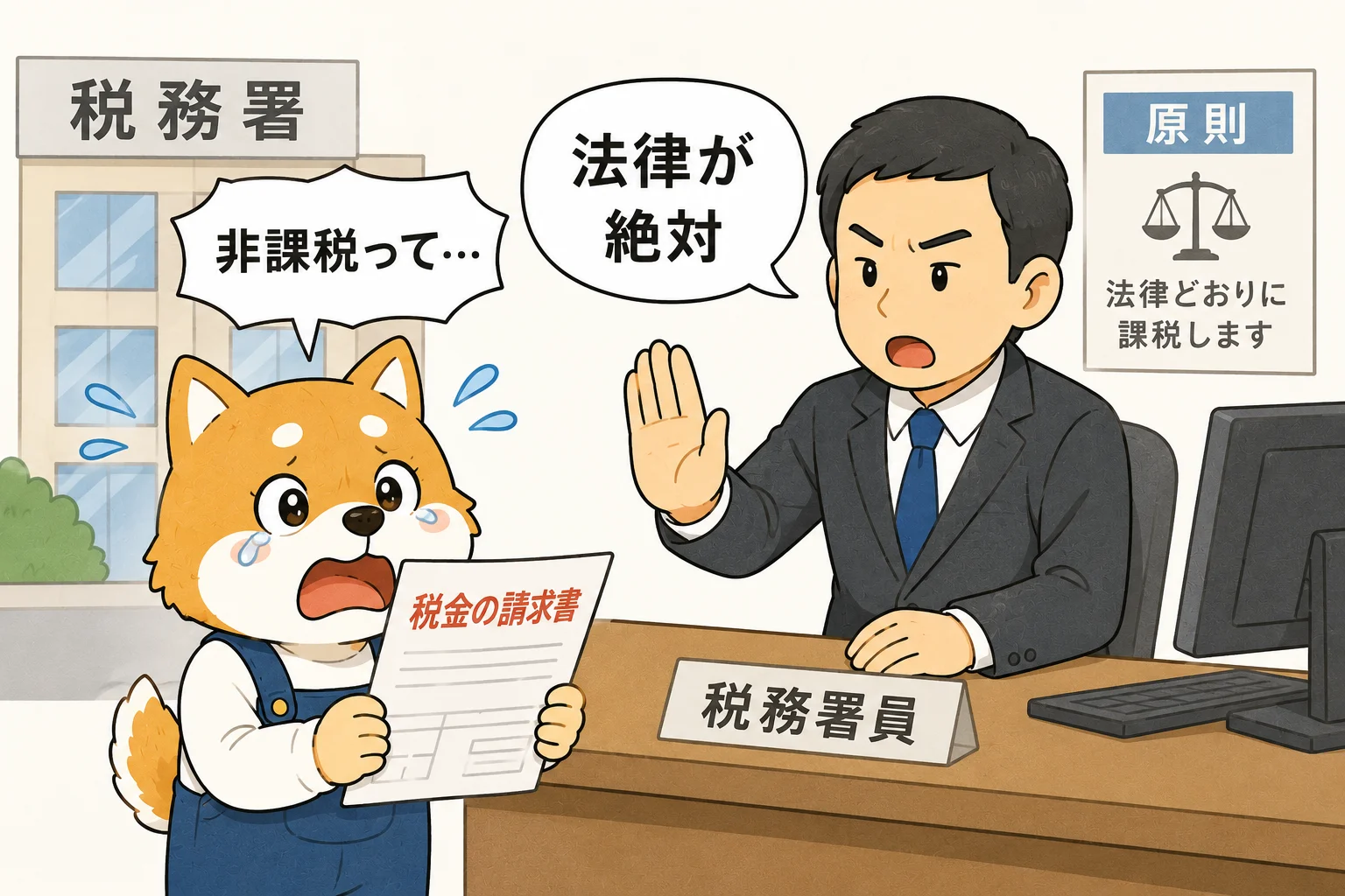 税務署員が法律どおりに課税すると説明している場面