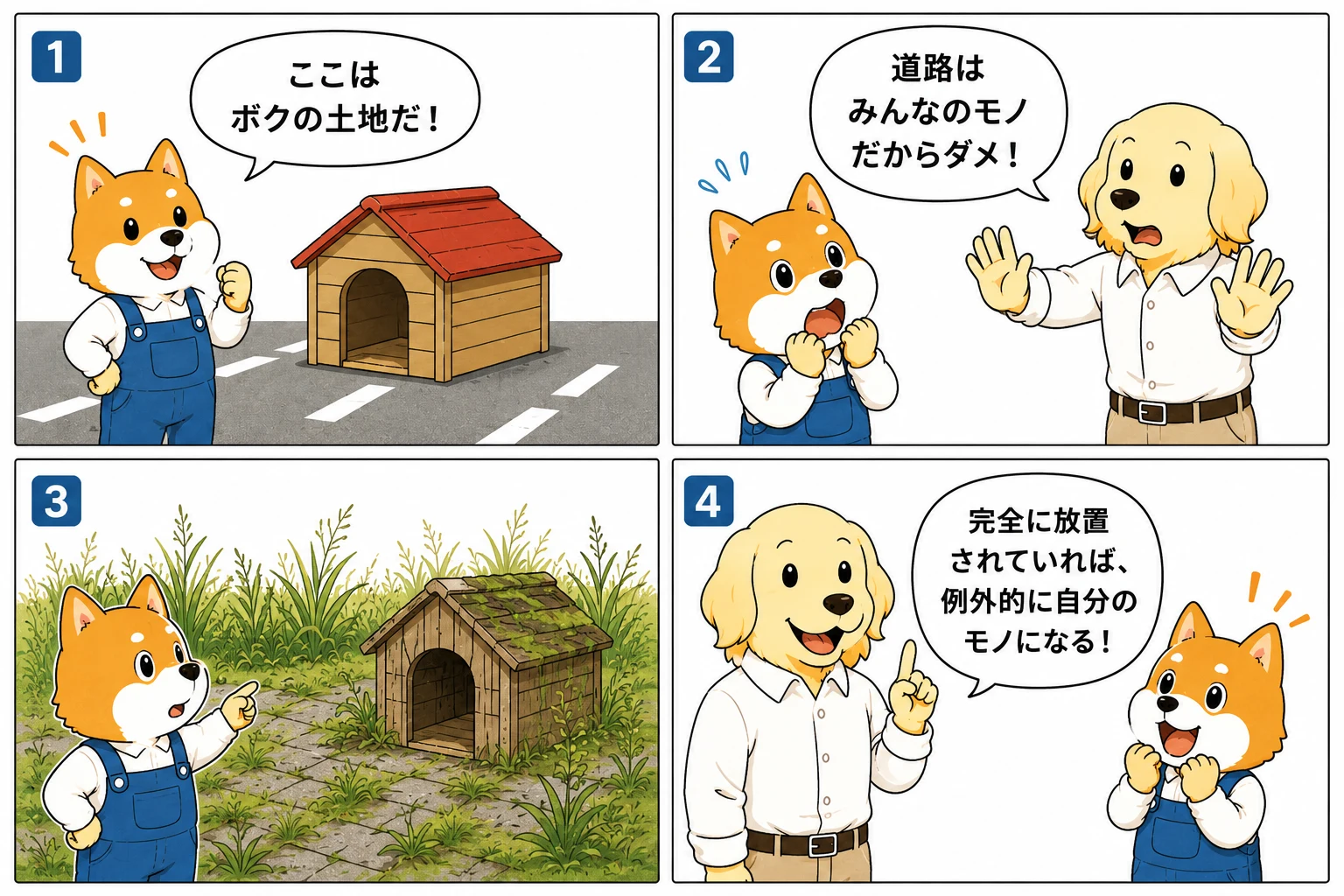 公物の時効取得の原則と例外を説明する4コマ漫画